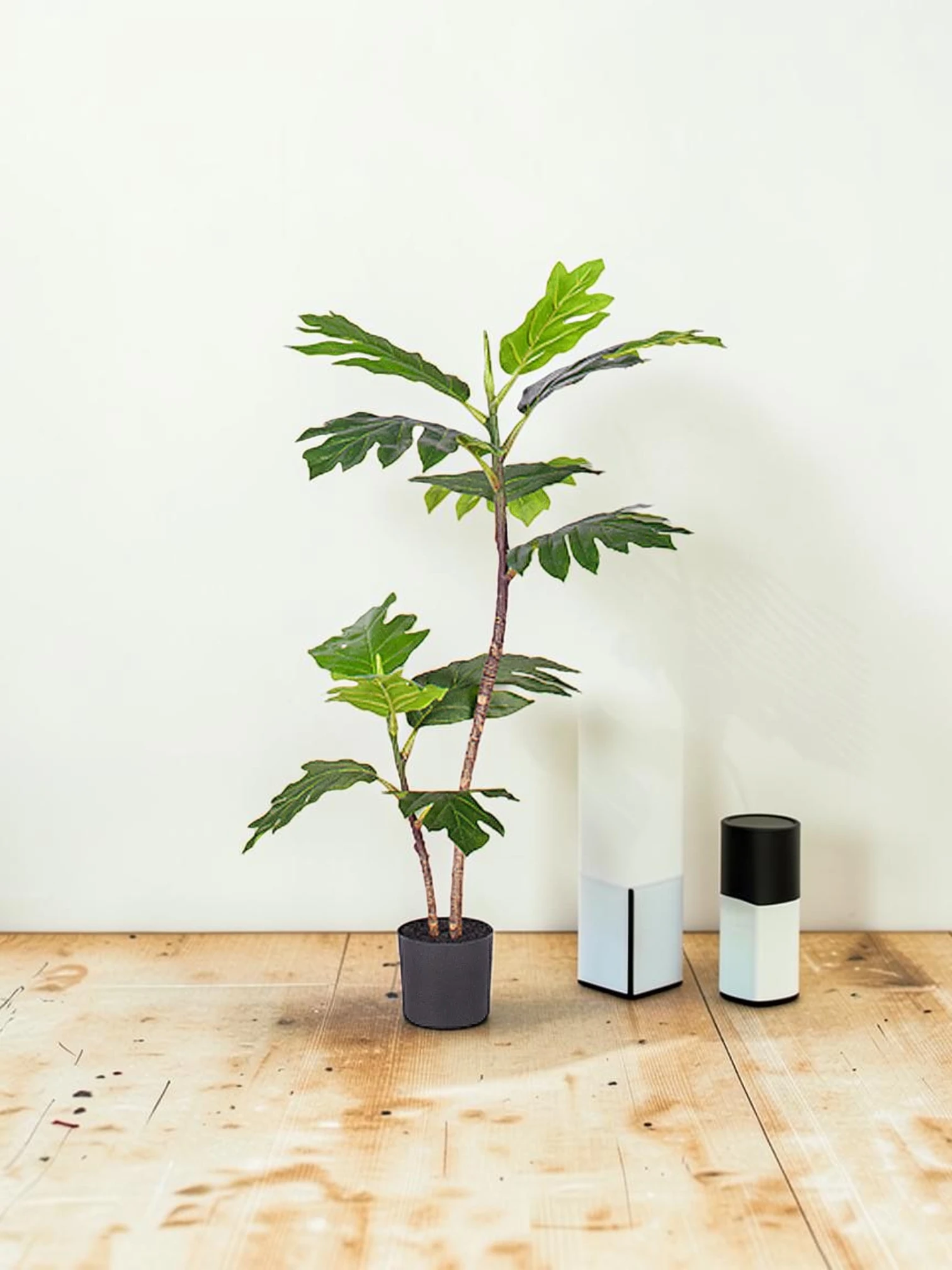 zorventhynis 90cm Artificial Split-Leaf Philodendron Tree 2-Trunk Tropical Plant with Cement Base